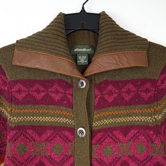 Eddie Bauer Olive Green, Burgundy & Rust Fair Isle Cardigan Sweater - Picture 4 of 10
